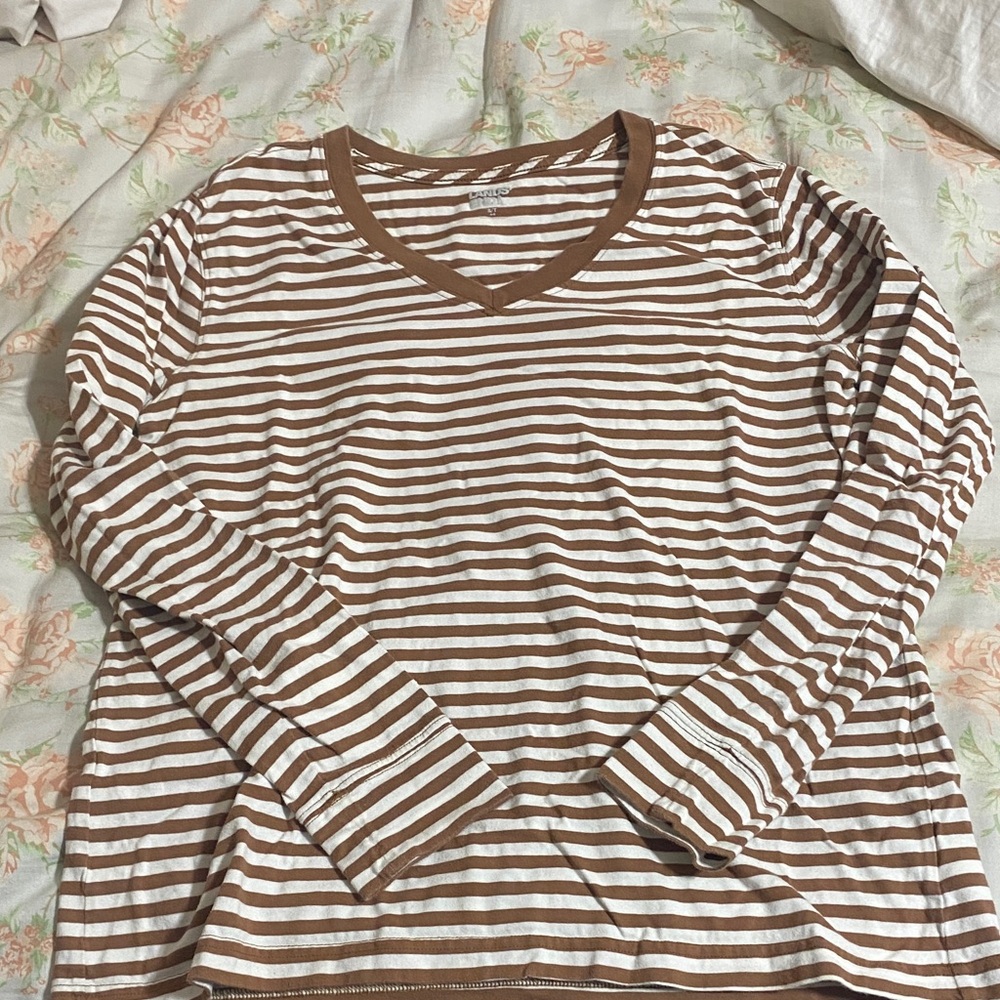 Lands End Brown and White Striped Long Sleeve Top